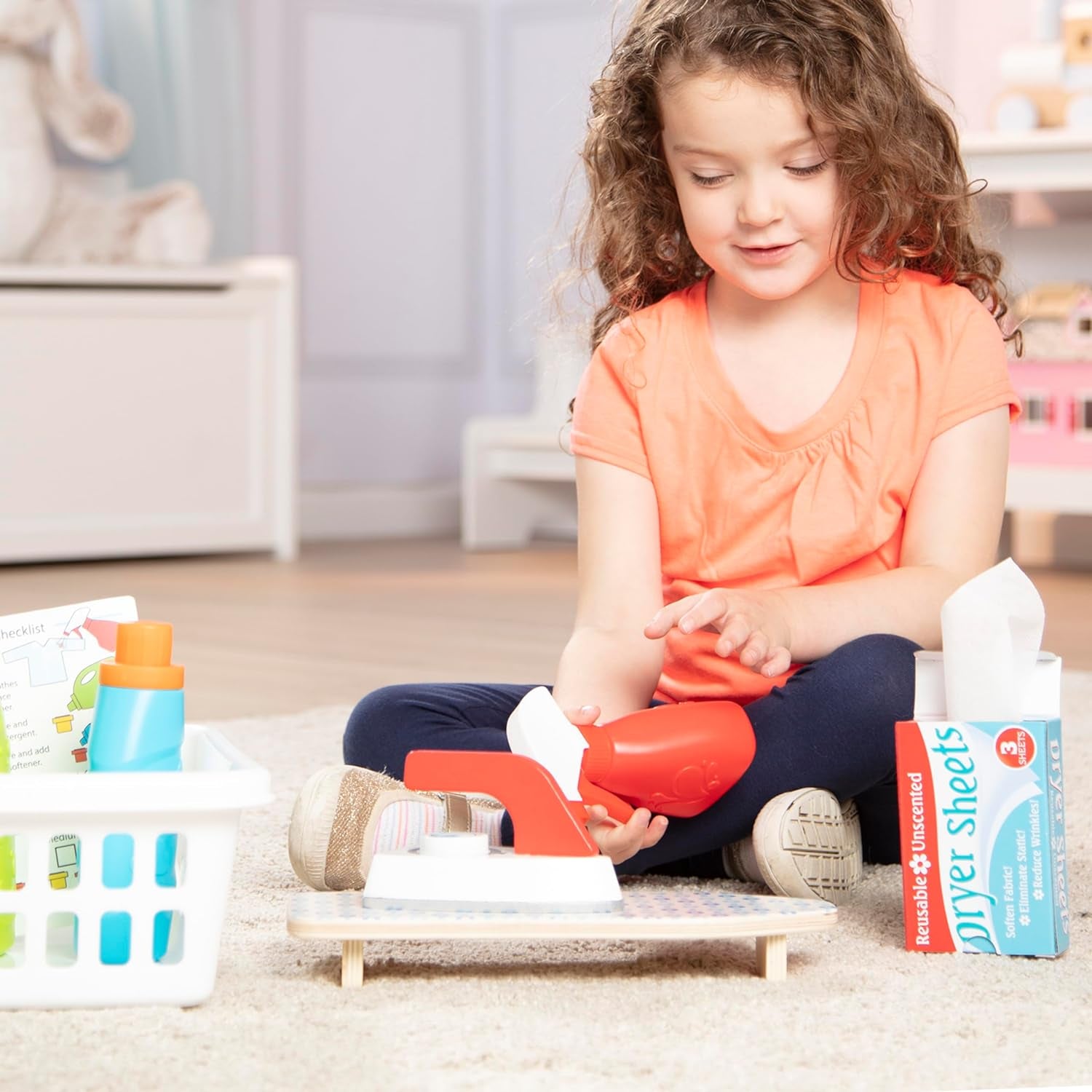 Melissa & Doug Laundry Basket Pretend Play Set with Wooden Iron, Ironing Board, and Accessories (14 Pcs) for Kids