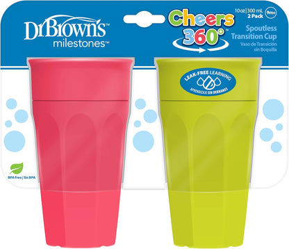 Dr. Brown'S Milestones Cheers 360 Cup Spoutless Transition Cup with Handles for Easy Grip & Leak-Free Learning, Pink, 7Oz/200Ml, 6M+ (Colors May Vary)