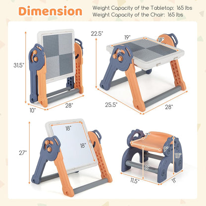 Costzon 6-In-1 Kids Table & Chair Set, Folding Art Easel W/Markers, Eraser, 102 Pcs Compatible Bricks, Reversible Building Block Tabletop, Storage Space & Baskets, Activity Table for Sand & Water