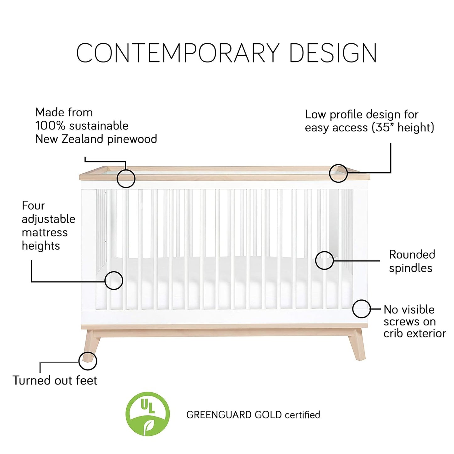 Babyletto Scoot 3-In-1 Convertible Crib with Toddler Bed Conversion Kit in White and Washed Natural, Greenguard Gold Certified