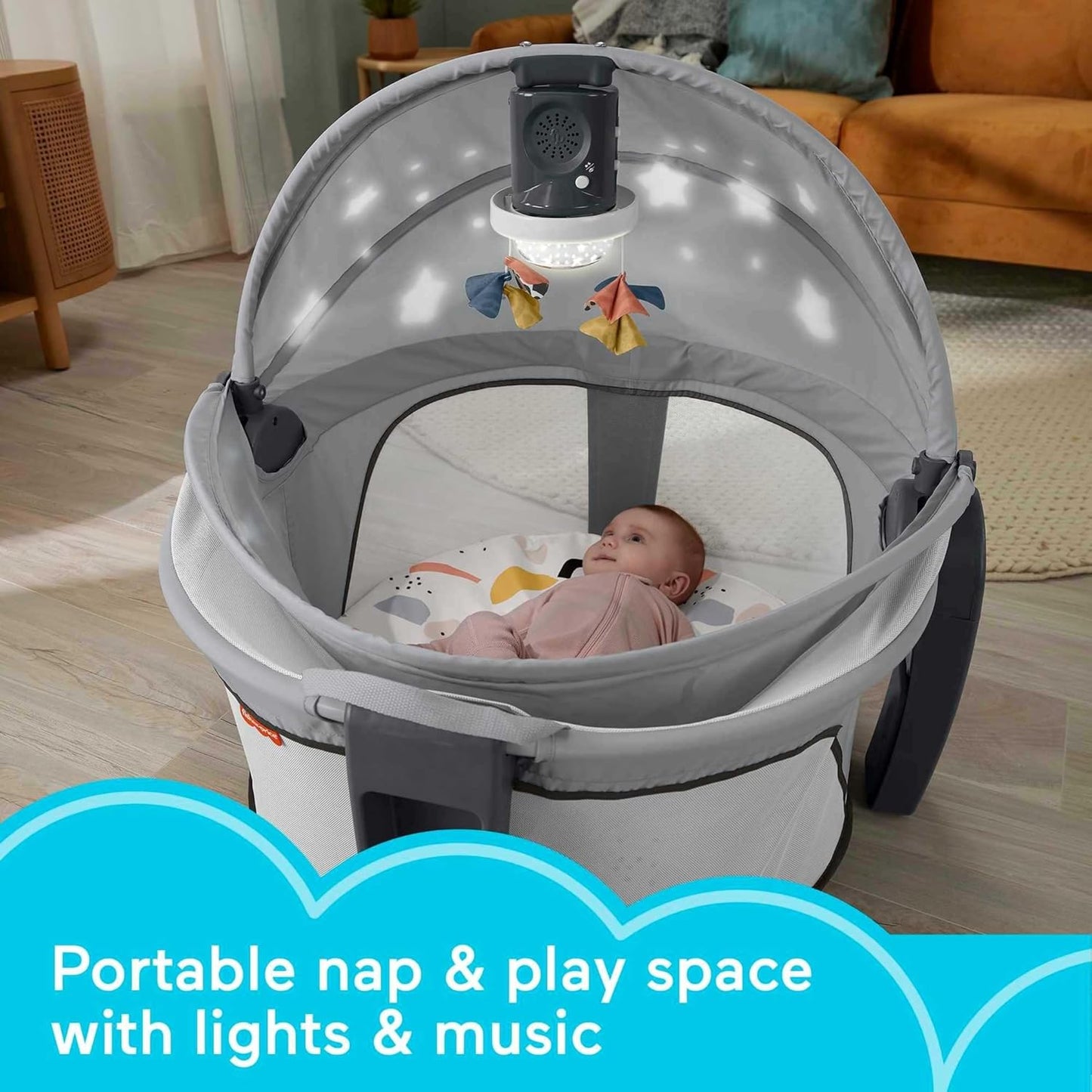 Fisher-Price Portable Baby Bassinet Deluxe On-The-Go Projection Dome, Travel Play Space for Newborns with Lights Music & Canopy, Paper Shapes