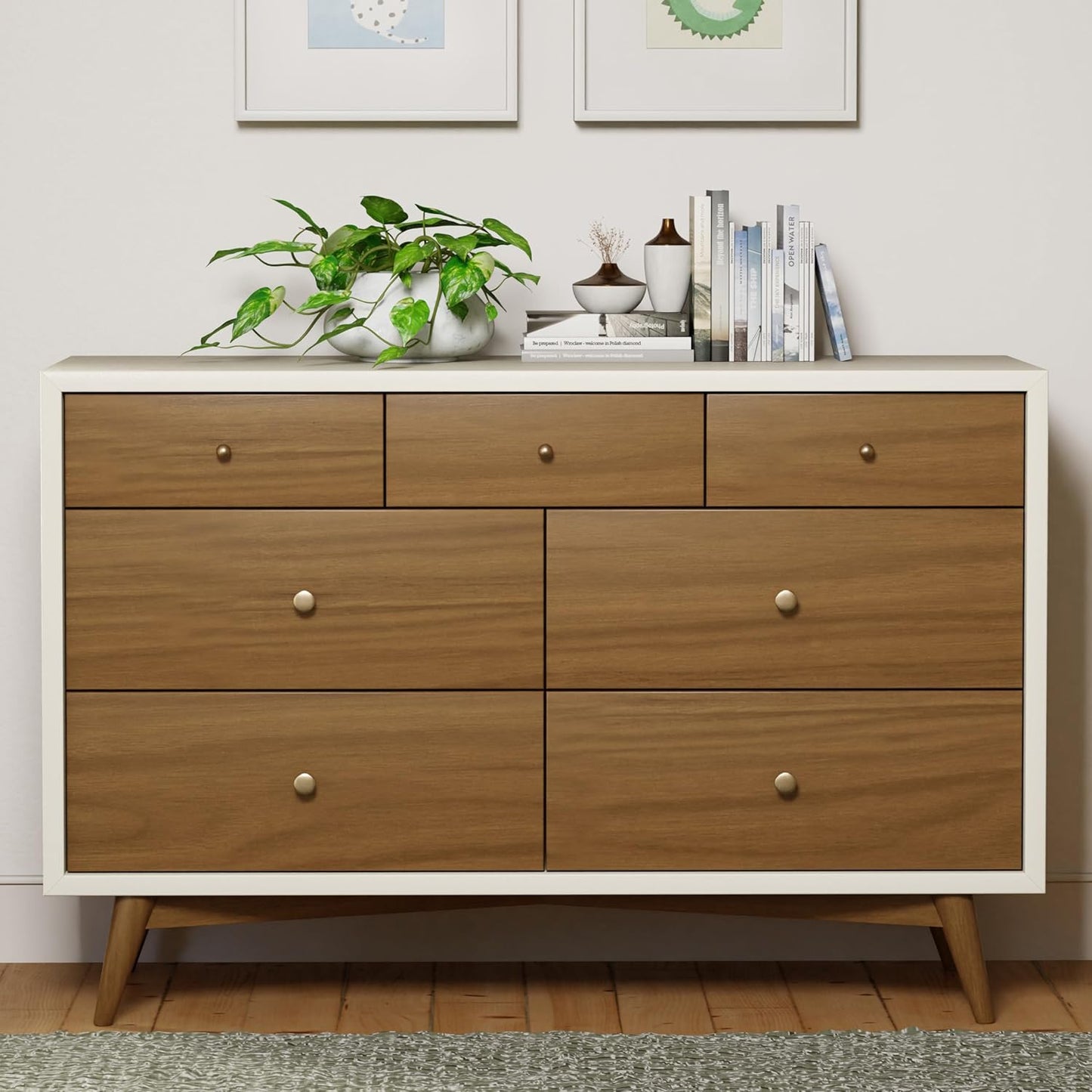 Babyletto Palma 7-Drawer Assembled Double Dresser in White and Natural Walnut, Greenguard Gold Certified, 19"D X 53"W X 34.25"H