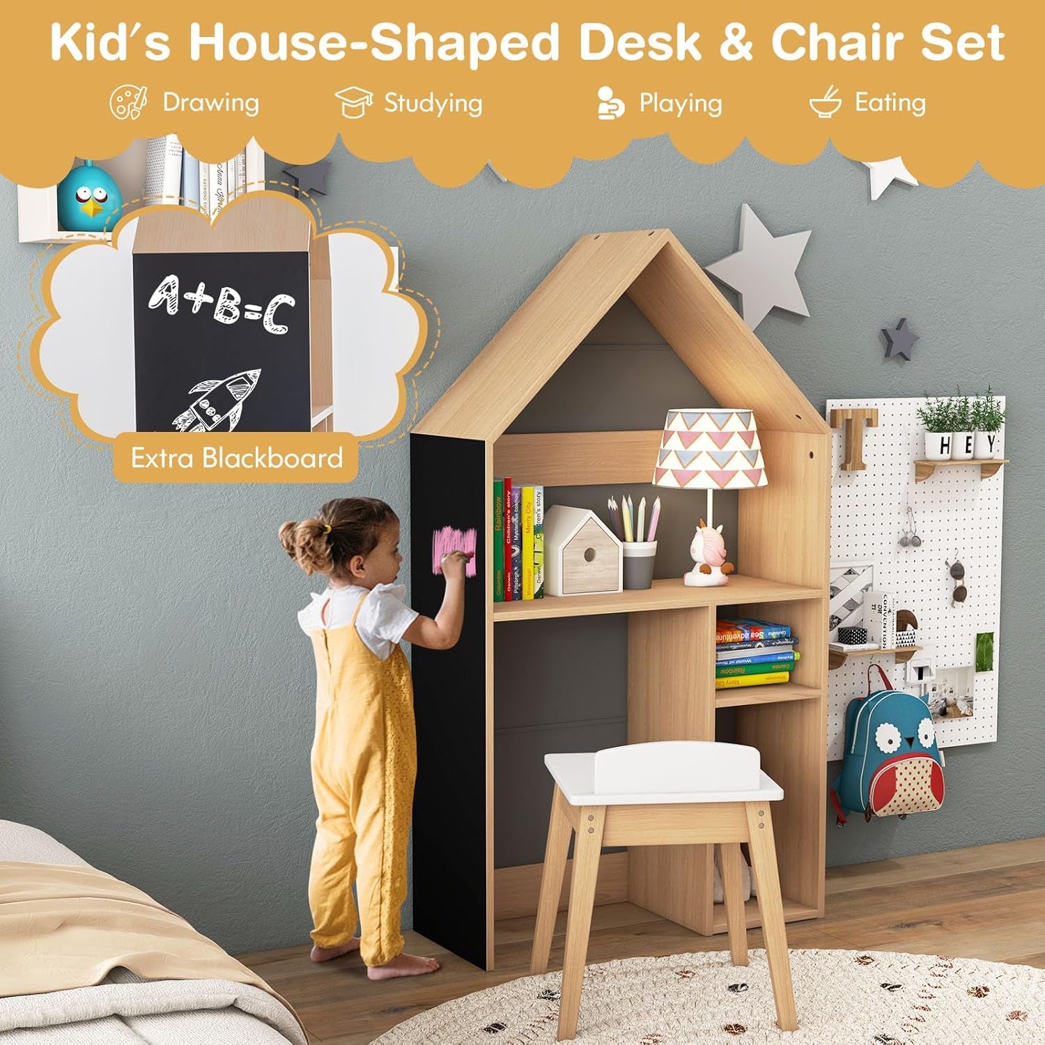 Costzon Kids Table and Chair Set, 2-In-1 House-Shaped Wooden Desk Set & Storage Organizer with Blackboard, Toddler Desk and Chair Set for Drawing, Reading, Gift for Boys Girls (Grey)