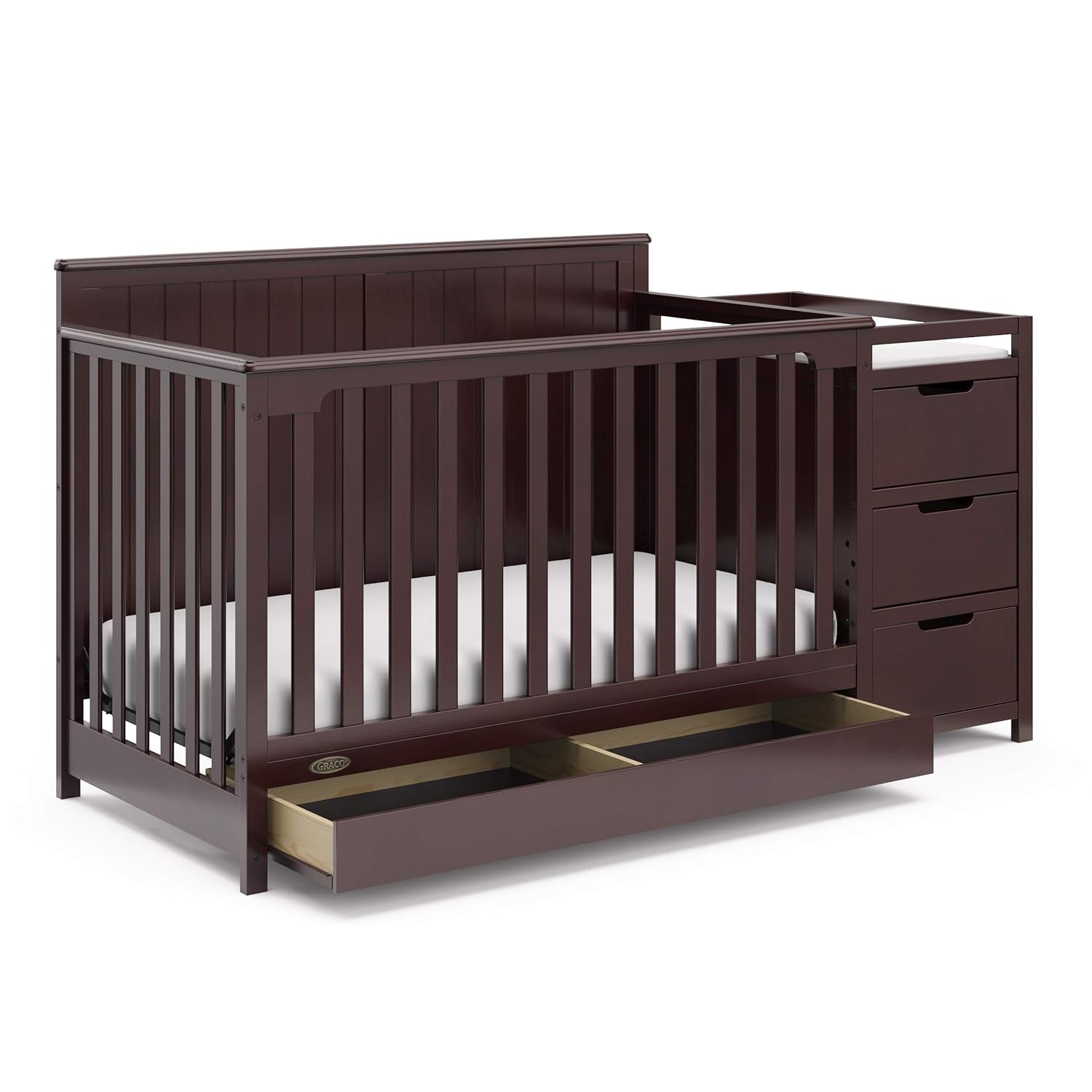 Graco Hadley 5-In-1 Convertible Crib and Changer with Drawer (Espresso) – GREENGUARD Gold Certified, Crib and Changing -Table Combo with Drawer, Includes Baby Changing Pad, Converts to Full-Size Bed