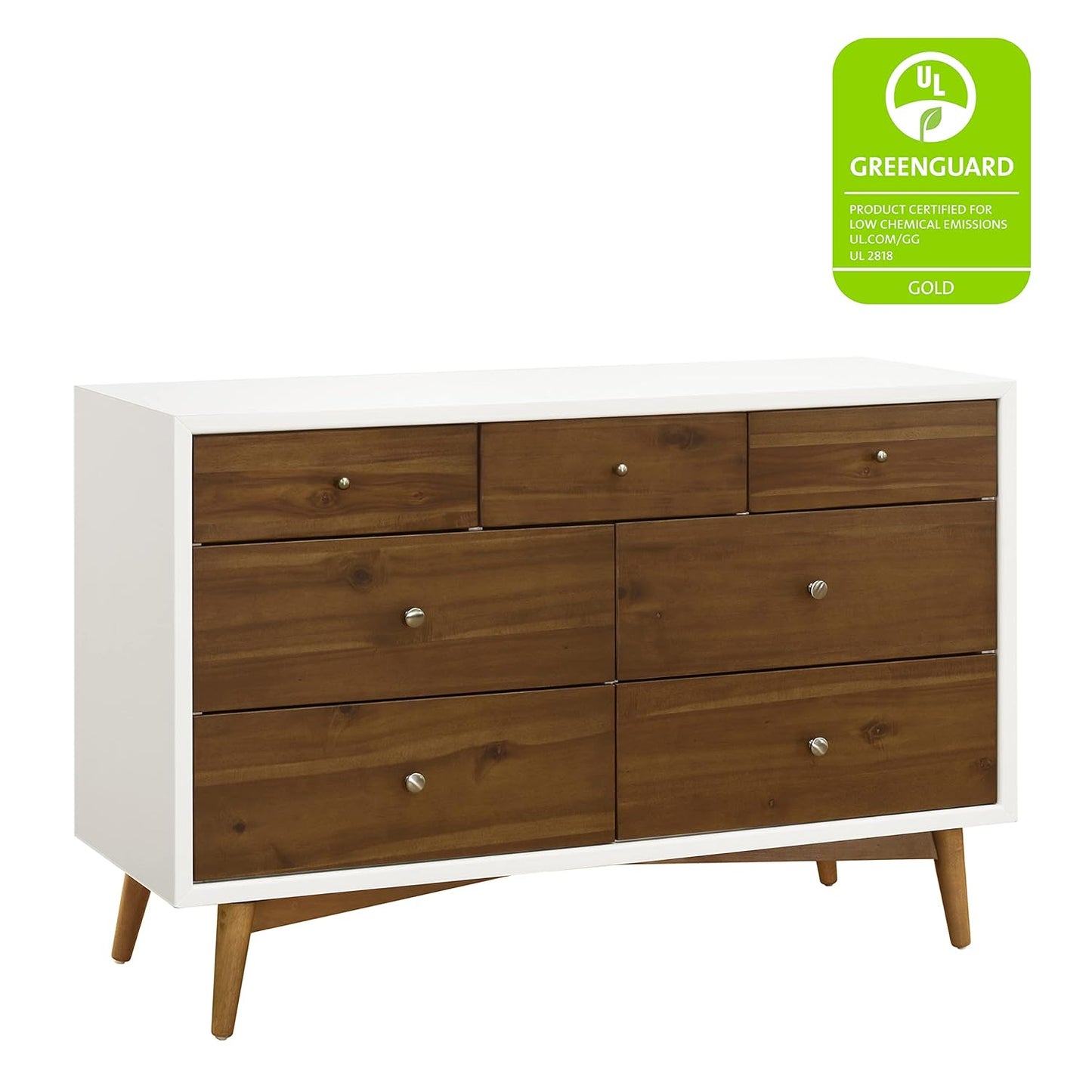 Babyletto Palma 7-Drawer Assembled Double Dresser in White and Natural Walnut, Greenguard Gold Certified, 19"D X 53"W X 34.25"H