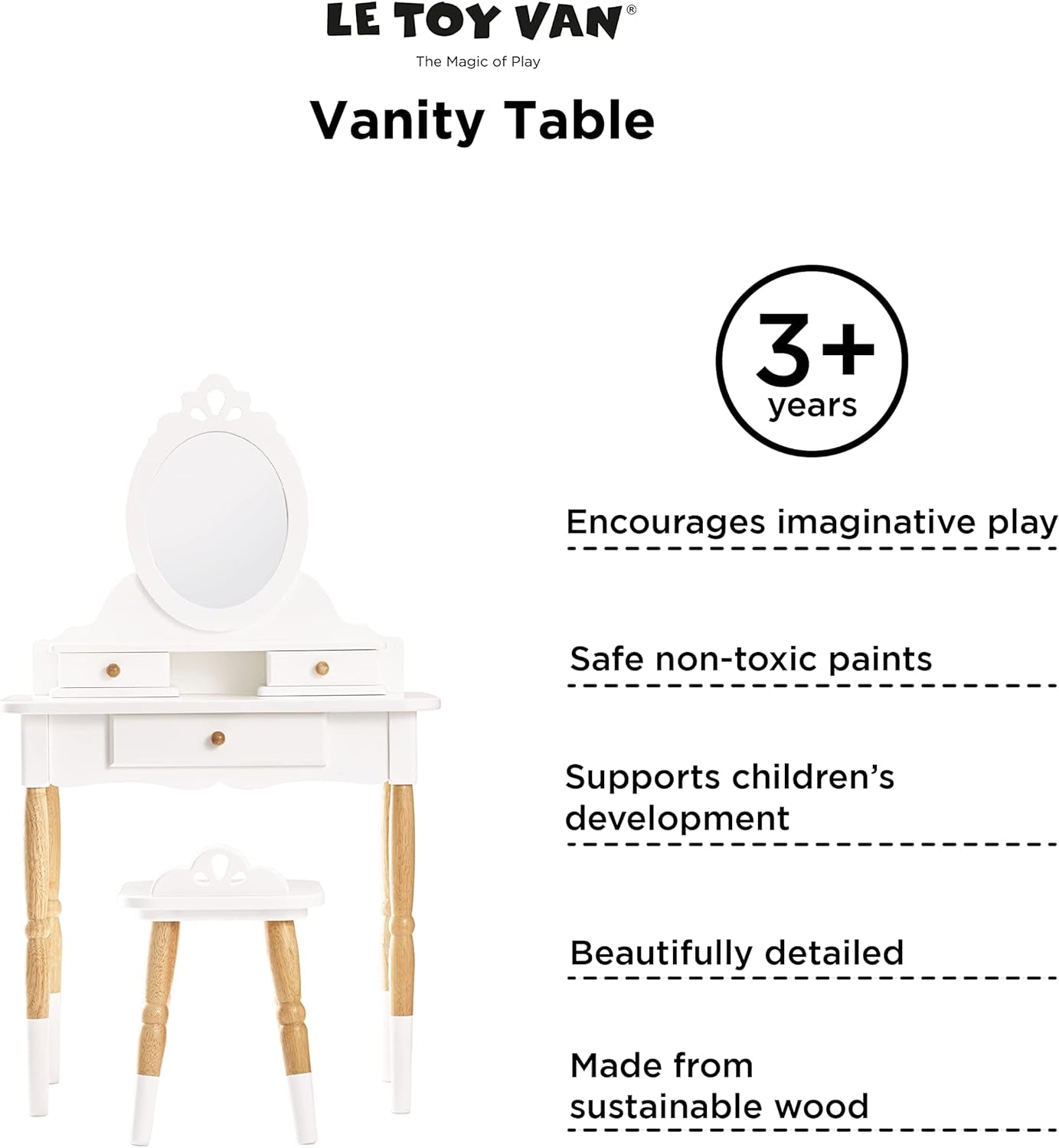 Le Toy Van - Wooden Vanity Table with Vanity Mirror and Vanity Chair - Bedroom Furniture - Victorian Style Oval Dressing Table Mirror - Desk with Drawers and Vanity Stool - Kids Aged 3 Years +