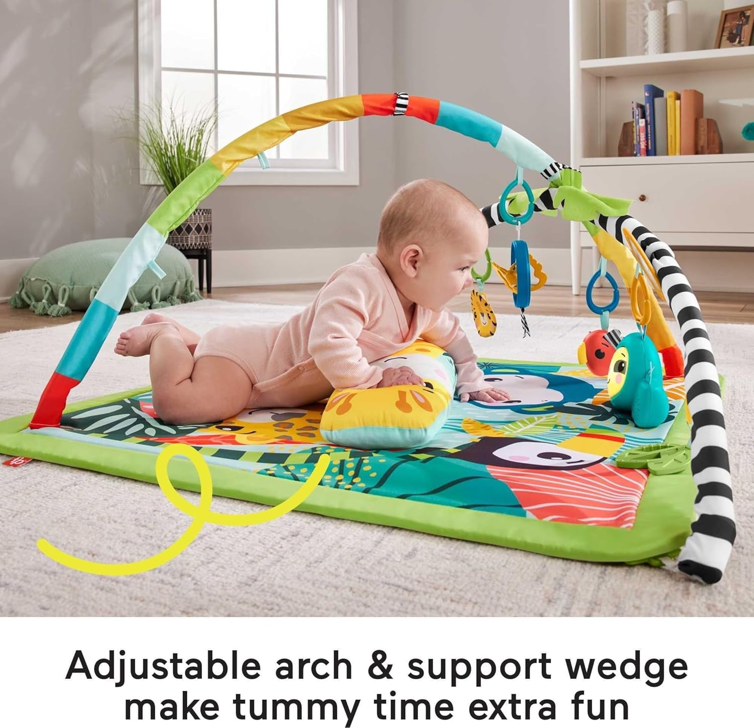 Fisher-Price Baby Playmat 3-In-1 Rainforest Sensory Gym with Music & Lights, Tummy Wedge & 5 Developmental Toys for Newborns 0+ Months