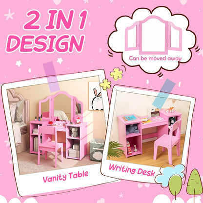 Costzon Kids 2-In-1 Princess Makeup Desk & Chair with Detachable Mirror, Shelves, Pretend Play Dressing Table for Girls (Pink)