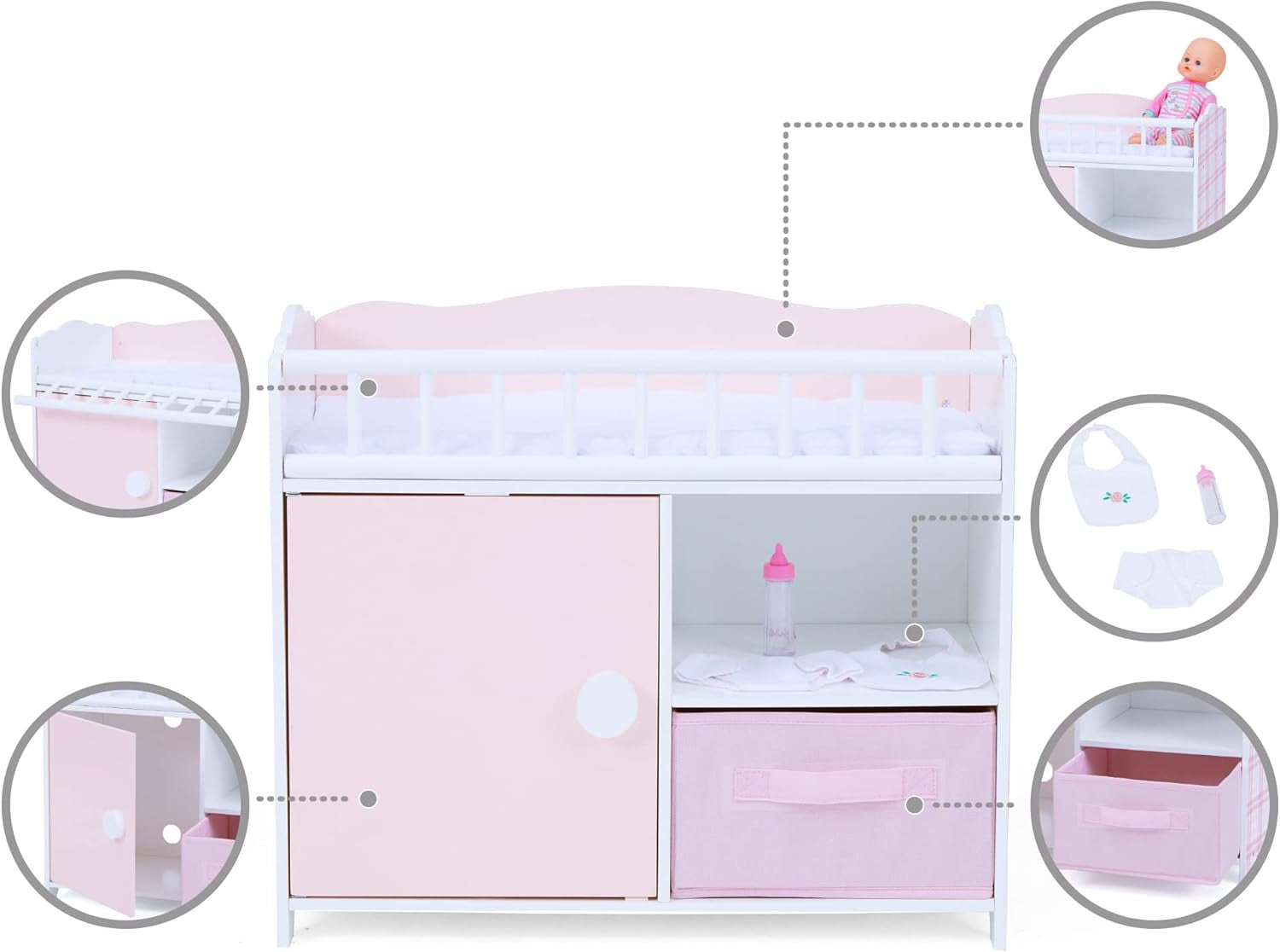 Olivia'S Little World Polka Dot Princess Wooden Baby Doll Crib with Under-The-Crib Storage Featuring a Cabinet with Door and Two Cubbies, Pink and White