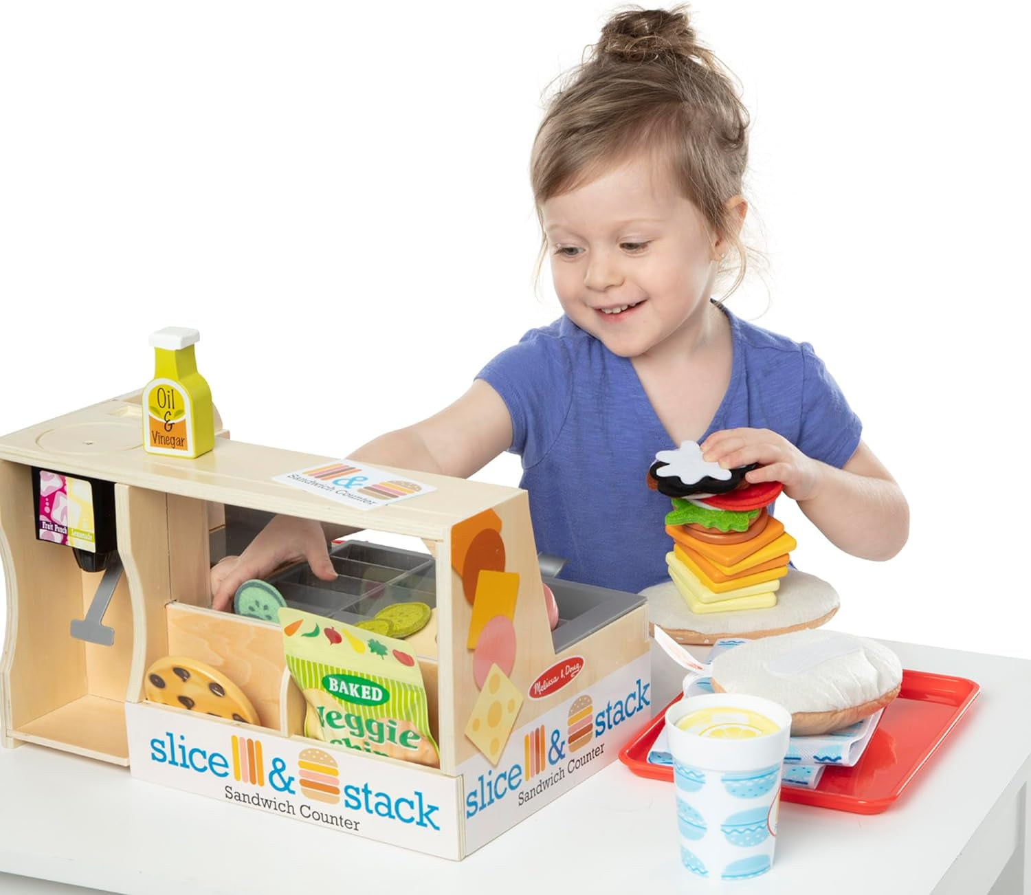 Melissa & Doug Wooden Slice & Stack Sandwich Counter with Deli Slicer – 56-Piece Pretend Play Food Pieces