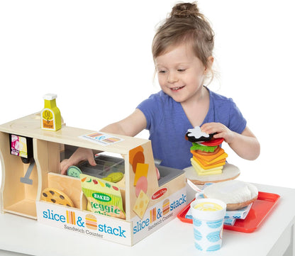 Melissa & Doug Wooden Slice & Stack Sandwich Counter with Deli Slicer – 56-Piece Pretend Play Food Pieces