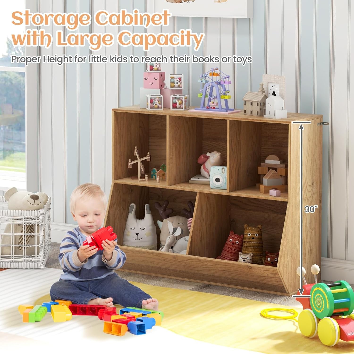 Costzon Toy Organizers and Storage with Bookshelf, Wooden 5 Cubby Children’S Book Shelf Toy Storage Cabinet Bookcase for Kids Room, Playroom, Kindergarten, Nursery (Natural)