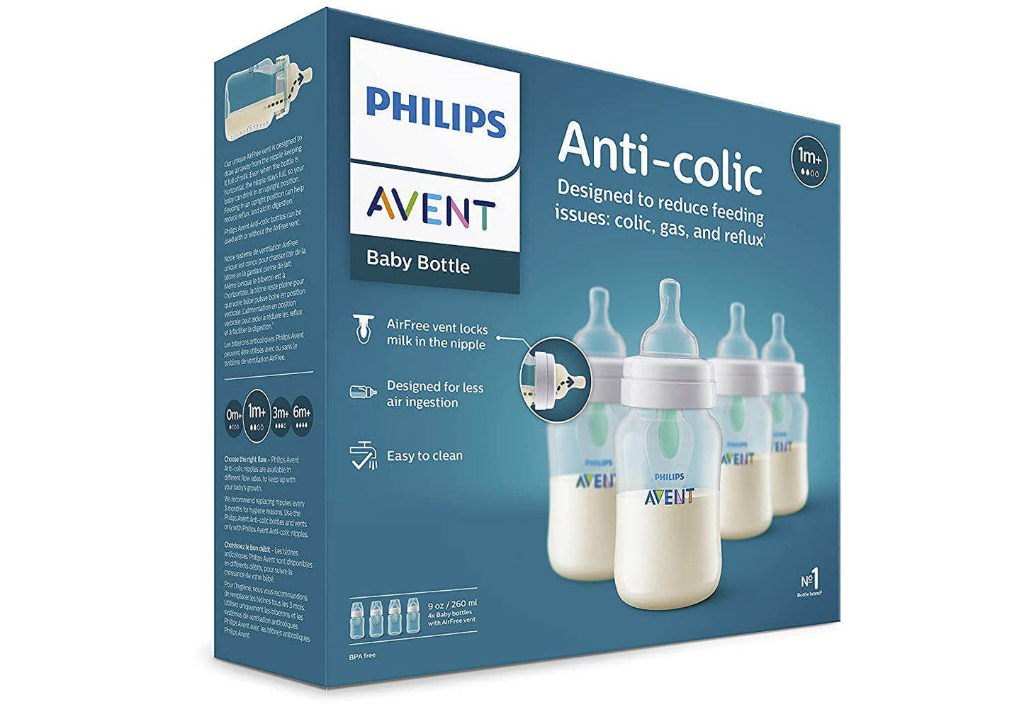 Philips Avent Anti-Colic Baby Bottle with Airfree Vent, 9Oz, 4Pk, Clear, SCY703/04