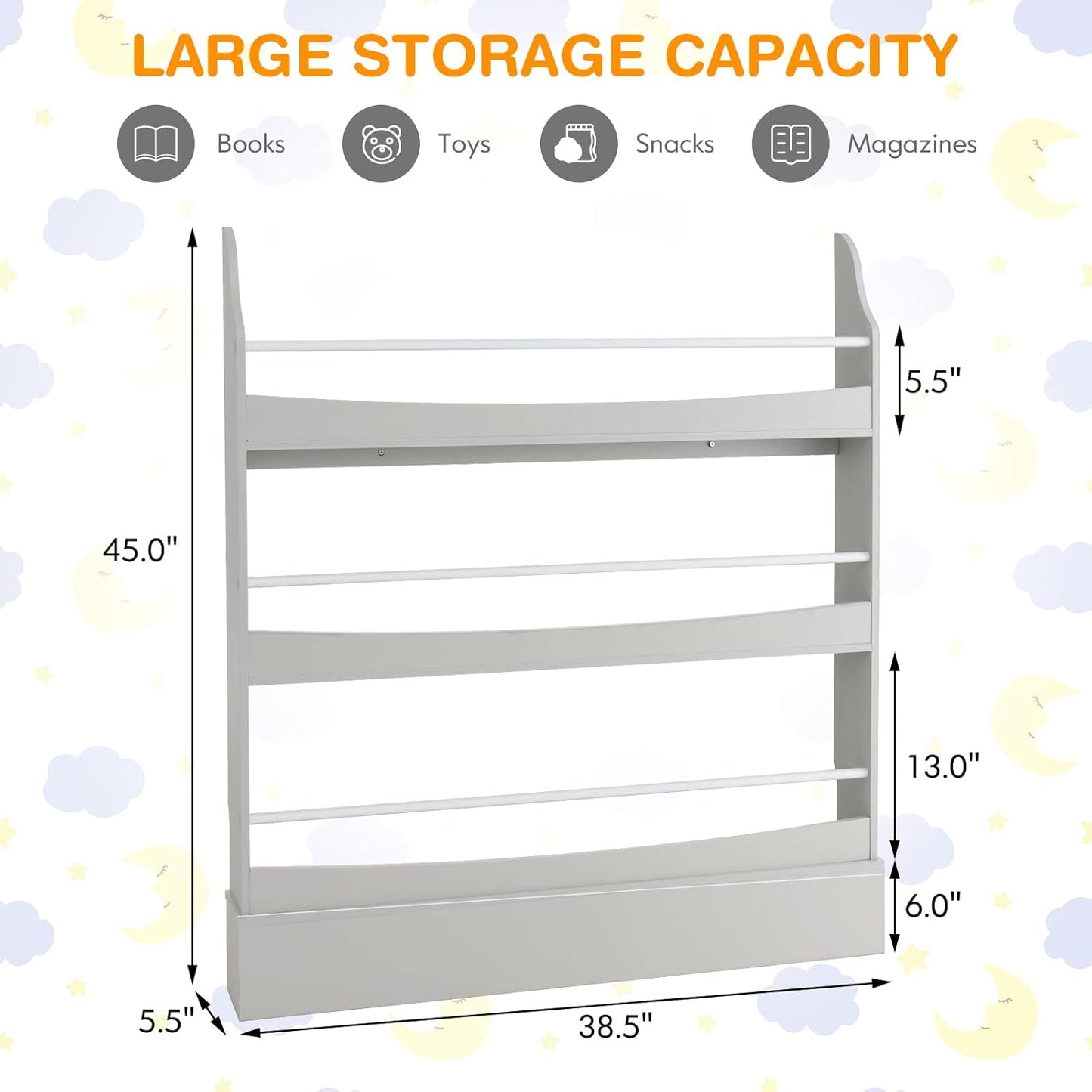 Costzon Kids Bookshelf, 3-Tier Wooden Book Shelf Organizer for Books and Toys, Toddler Space-Saving Wall Bookcase Conner Storage Rack for Bedroom, Living Room, Nursery, Playroom (Gray)