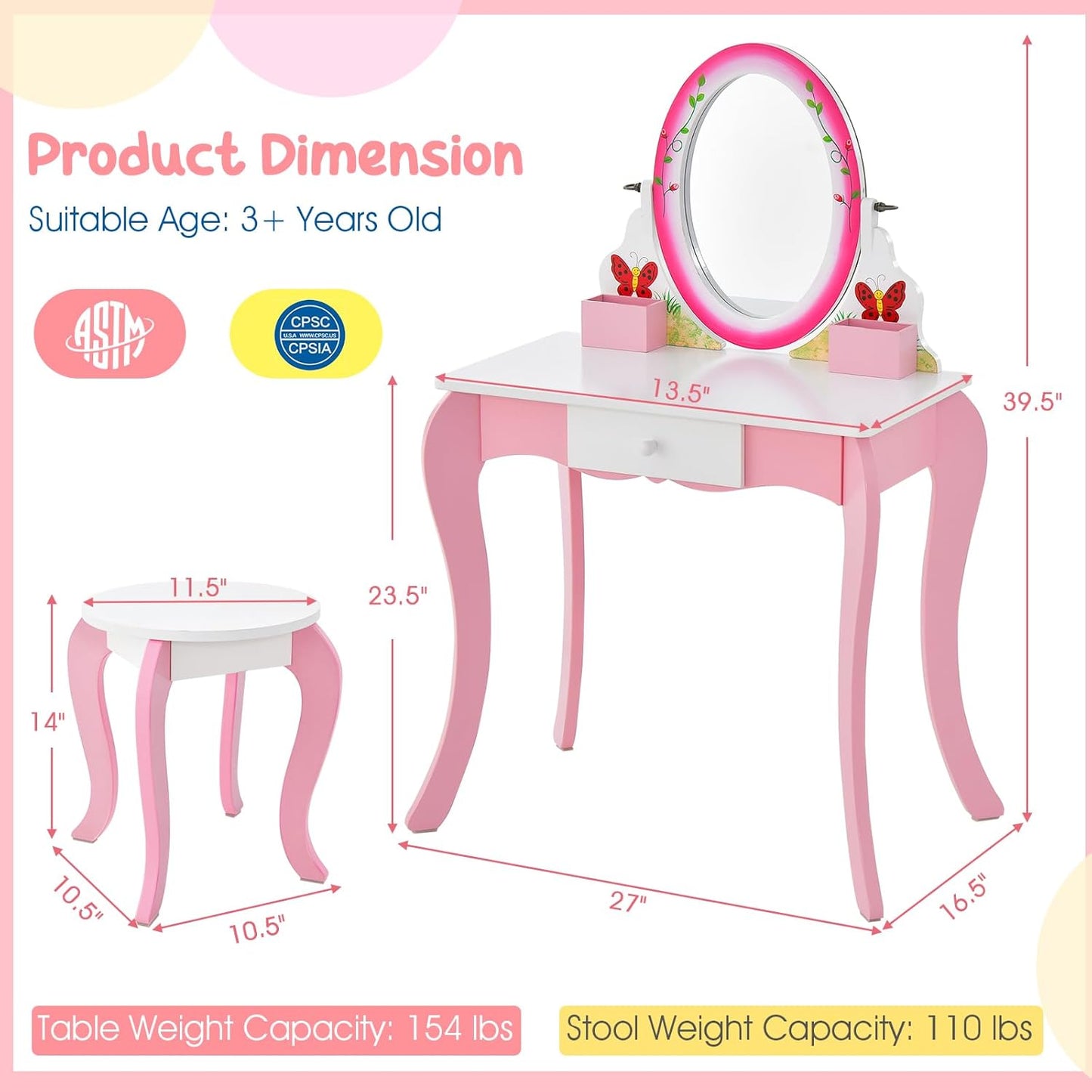 Costzon Kids Vanity, Girls Vanity Set with Mirror and Stool, Drawer, Storage Grids, 2 in 1 Toddler Makeup Dressing Table Vanity Desk, Pretend Play Vanity Table and Chair Set for Little Girls