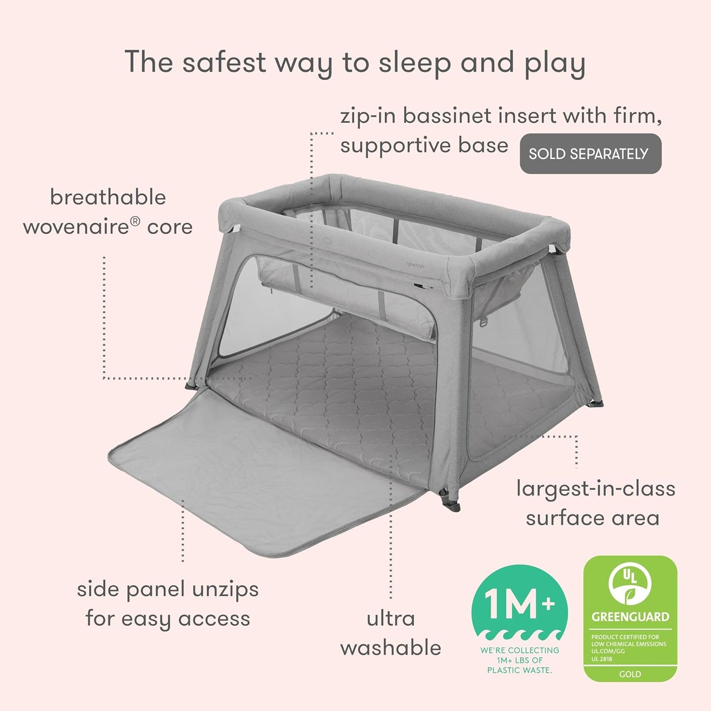 Newton Baby Travel Crib and Play Yard - New for 2024 with Easy Disassembly | Safe, Breathe-Thru Mattress | Completely Washable | Largest-In-Class with Travel Bag