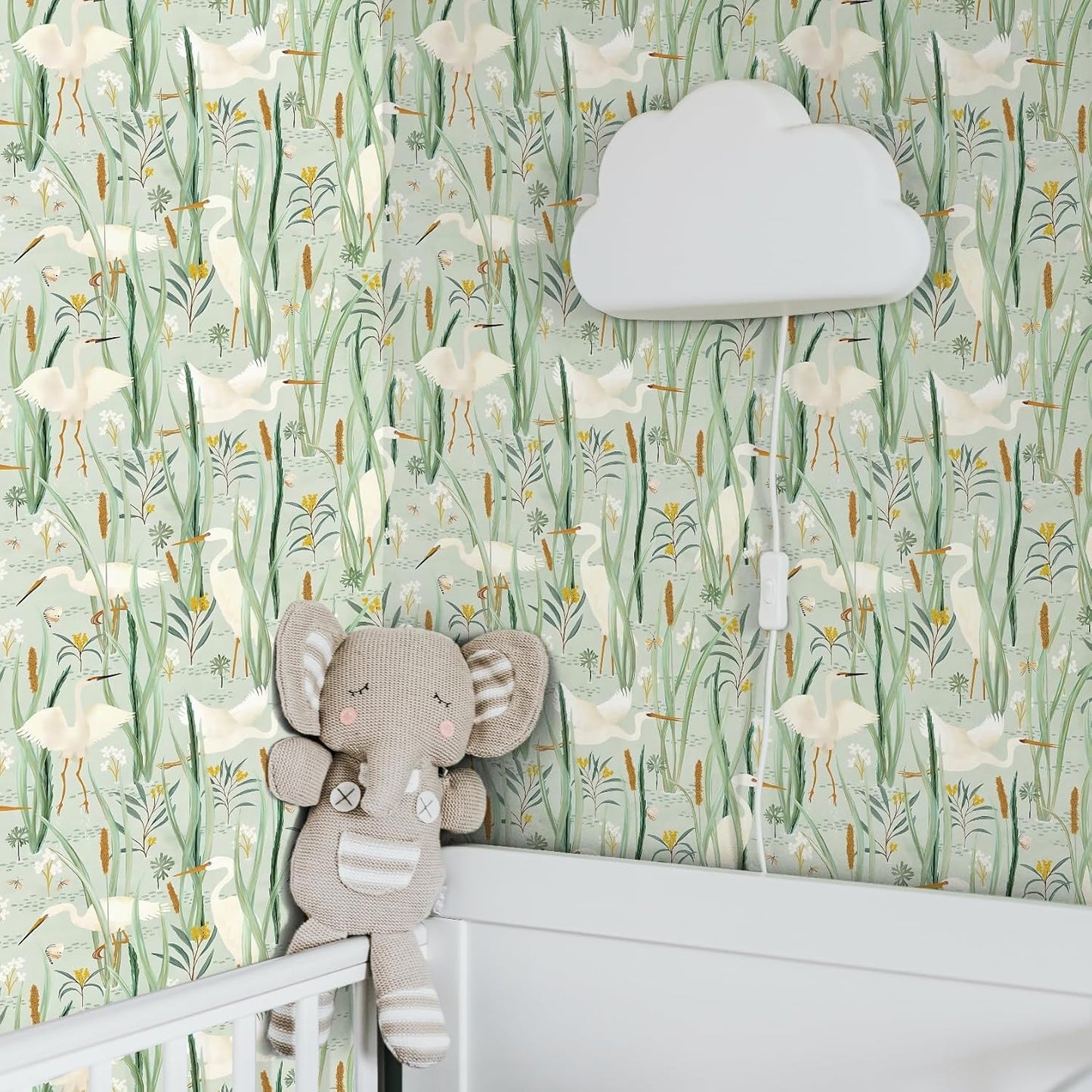 Ismoon Green Wallpaper Peel and Stick Cranes Egret Wallpaper Light Green Contact Paper Floral Bids Wallpaper Removable Peel and Stick Wallpaper 16.1X196In