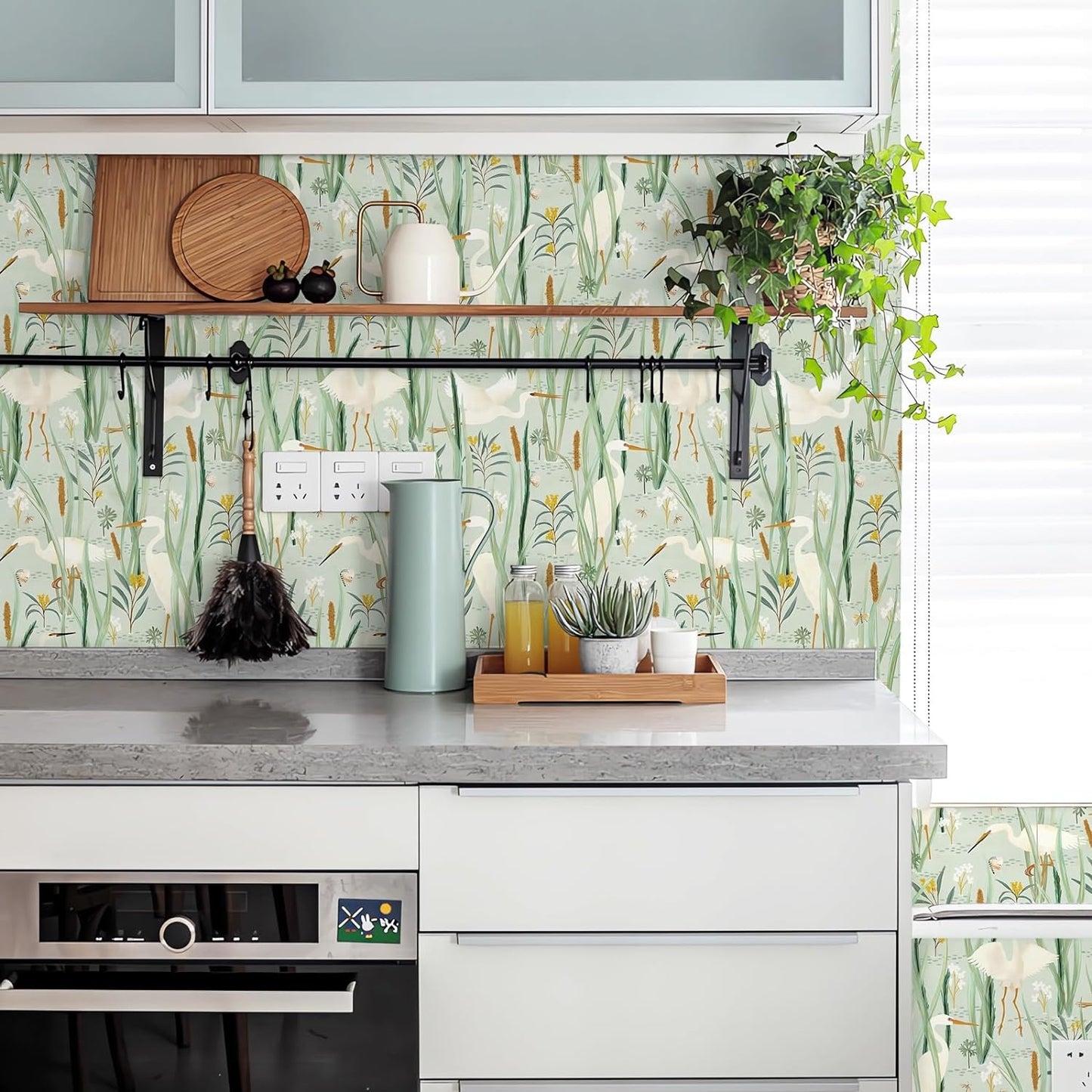 Ismoon Green Peel and Stick Wallpaper, Boho Wallpaper Nursery Wallpaper Crane Wallpaper Egret Light Green Contact Paper Vinyl Removable Wallpaper for Cabinets Shelf 16.1X78.7In