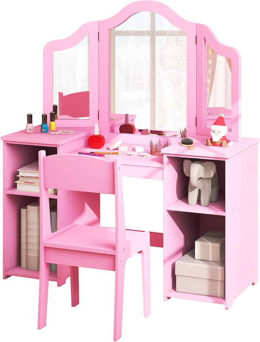 Costzon Kids 2-In-1 Princess Makeup Desk & Chair with Detachable Mirror, Shelves, Pretend Play Dressing Table for Girls (Pink)