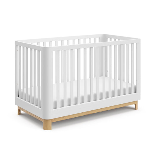 Storkcraft Santos 3-In-1 Convertible Crib (White with Natural) – GREENGUARD Gold Certified, Fits Standard Crib Mattress, Converts to Toddler Bed, Modern Style, Rounded Designer Details