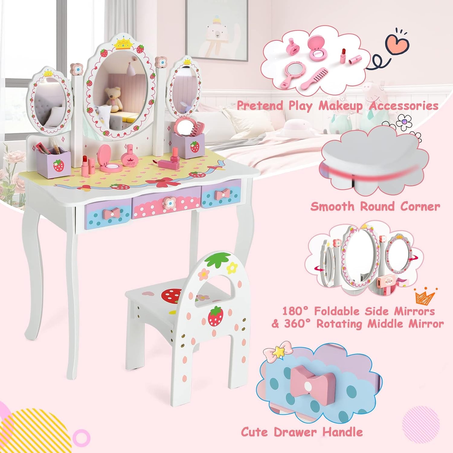 Costzon Kids Vanity Set with Mirror, 2 in 1 Princess Makeup Dressing Table W/Detachable Top, Toddler Vanity W/Drawers, Accessories, Pretend Play Vanity Table & Chair Set for Little Girls, White