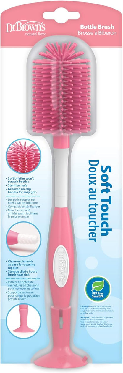 Dr. Brown'S Soft Touch No Scratch Baby Bottle Cleaning Brush Nipple Cleaner with Stand and Storage Clip, BPA Free, Pink 1-Pack