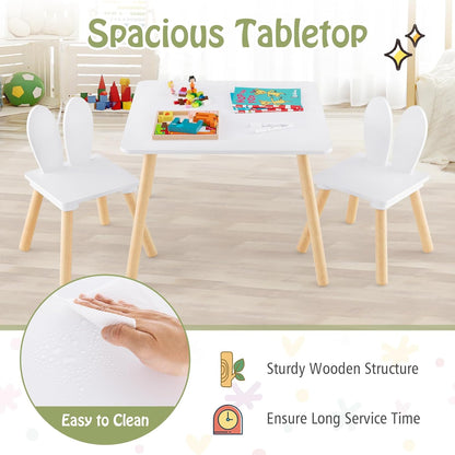 Costzon Kids Table and Chair Set, 3 Pieces Wooden Activity Play Table & 2 Cute Rabbit, Solid Wood Legs, Space-Saving Toddler Furniture for Preschool, Nursery, Children Playroom & Kindergarten (Gray)