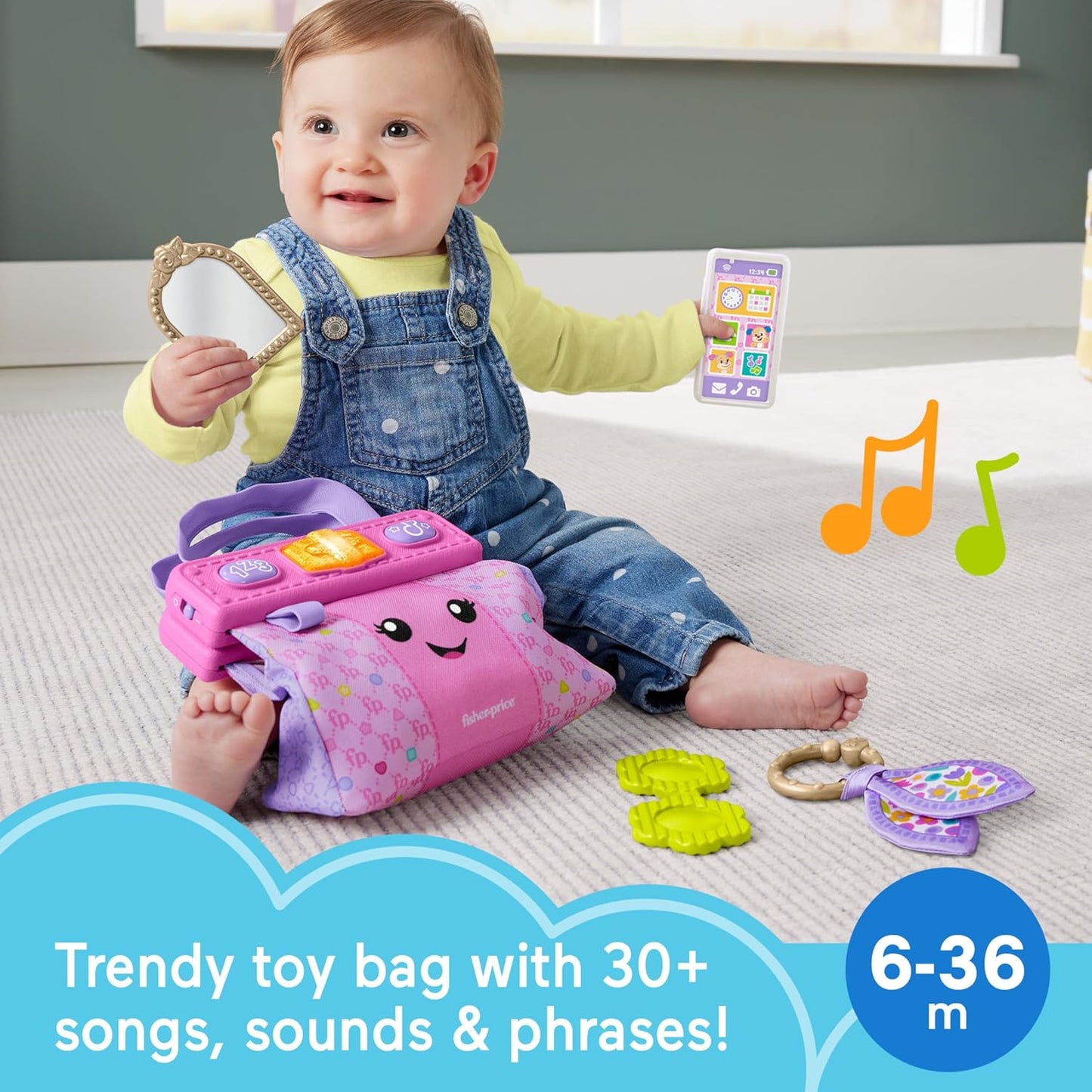 Fisher-Price Baby Learning Toy Laugh & Learn Purse, Going Places Bag with 4 Pretend Play Accessories for Infants & Toddlers Ages 6+ Months