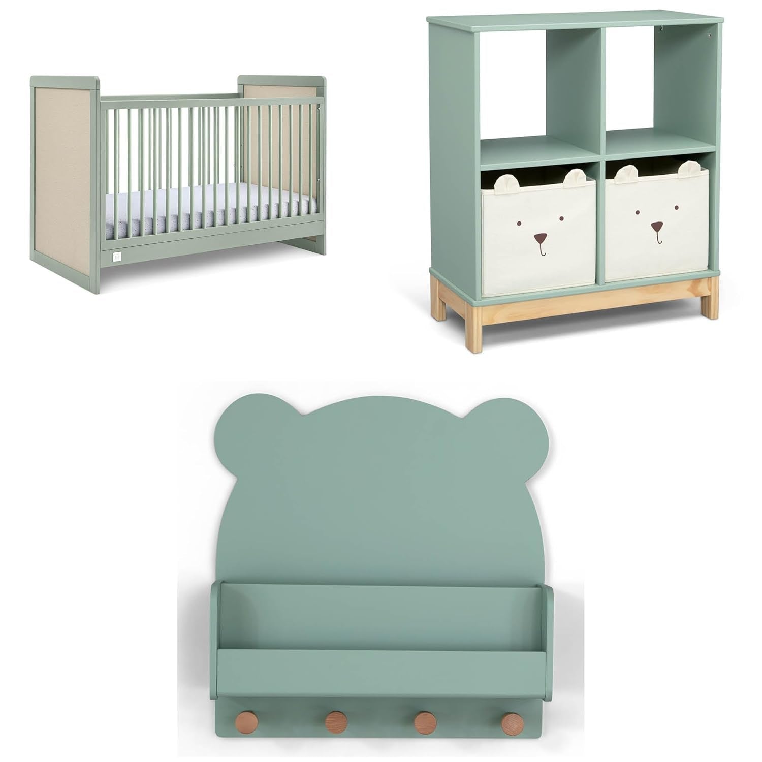 Delta Children Babygap Liam 4-In-1 Convertible Crib + Brannan Bear Bookcase with Bins + Brannan Bear Wall Shelf with 4 Hooks, Sage Green (Bundle)