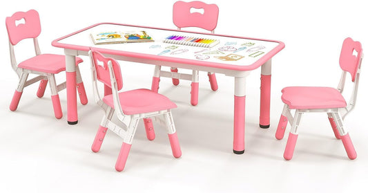 Costzon Kids Table and 4 Chair Set, Height Adjustable Toddler Desk and Chairs with Graffiti Desktop, Non-Slip Legs, Children Art Study Multi-Activity Table Set for Home, Daycare, School (Pink)