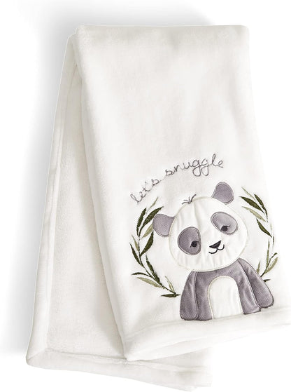 Levtex Baby - Mozambique Plush Blanket - Appliqued and Embroidered Panda on Cream Plush - Cream, Grey and Green - Nursery Accessories - Blanket Size: 30 X 40 In.