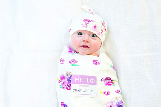 Lulujo Baby Hello World Newborn Hat and Swaddle Blanket Set, Posies