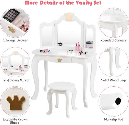 Costzon Kids Vanity Table and Chair Set, Princess Makeup Dressing Table with Drawer & Tri-Folding Mirror, 2 in 1 Vanity Set with Detachable Top, Pretend Beauty Play Vanity Set for Girls (White)