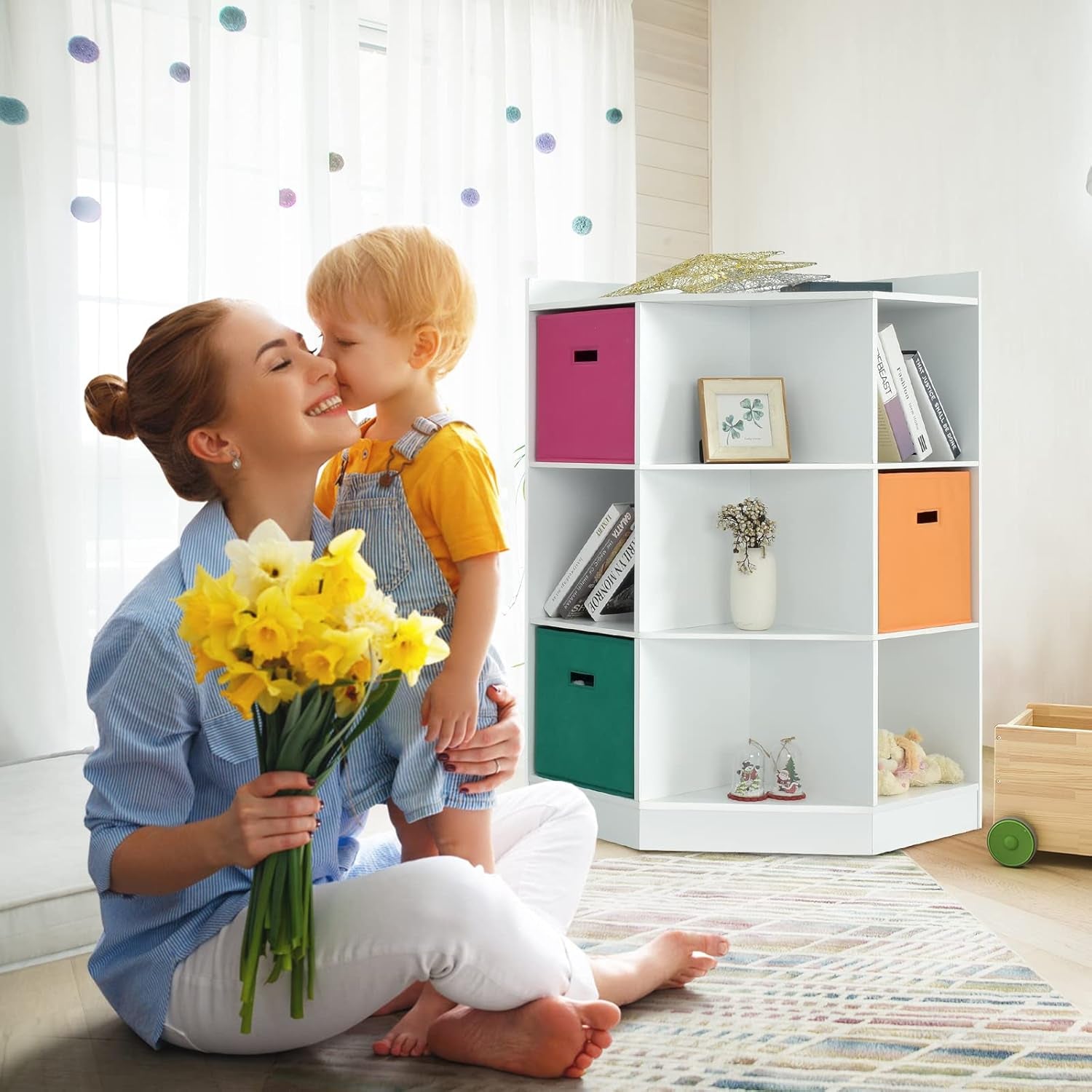 Costzon 9-Cubby Kids Bookcase with Large Storage Drawers, Children'S Corner Cabinet with 6 Cubes and 3 Shelves, Wooden Storage Sideboard Suitable for Kids Room Playroom Classroom (White)