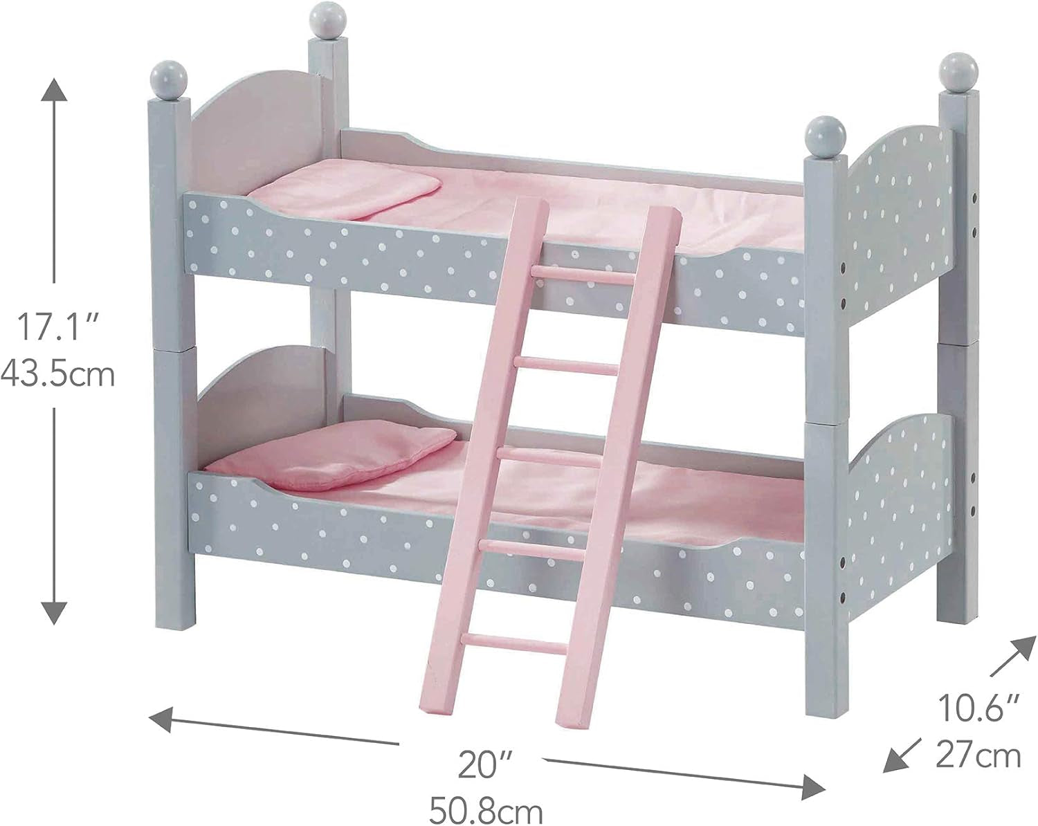 Olivia'S Little World 18 In. Doll Wooden Convertible Bunk Bed Stacked on Top or Unstacked as Two Single Beds, Gray with White Polka Dots and Pink Accents