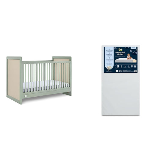 Delta Children Liam 4-In-1 Convertible Crib & Serta Dual Sided Crib & Toddler Mattress Bundle - Sage Green/Natural & Waterproof