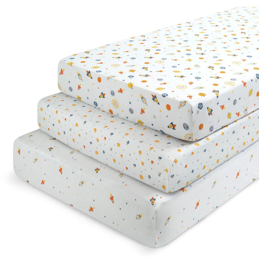 Delta Children Fitted Crib Sheets for Girls and Boys - Crib Sheet for Standard Crib and Toddler Mattresses - 28X52 Inch (Pack of 3), Space Exploration