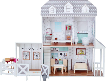 Teamson Kids - Dreamland Farm House Wooden Pretend Play Doll House Dollhouse for 12" Doll with 14 Pieces of Furniture - White / Gray