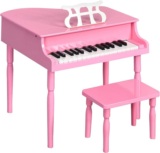 Costzon Classical Kids Piano, 30 Keys Wood Toy Grand Piano with Music Stand and Bench, Mini Musical Toy for Child, Ideal for Children'S Room, Toy Room, Best Gifts (Straight Leg, Pink)