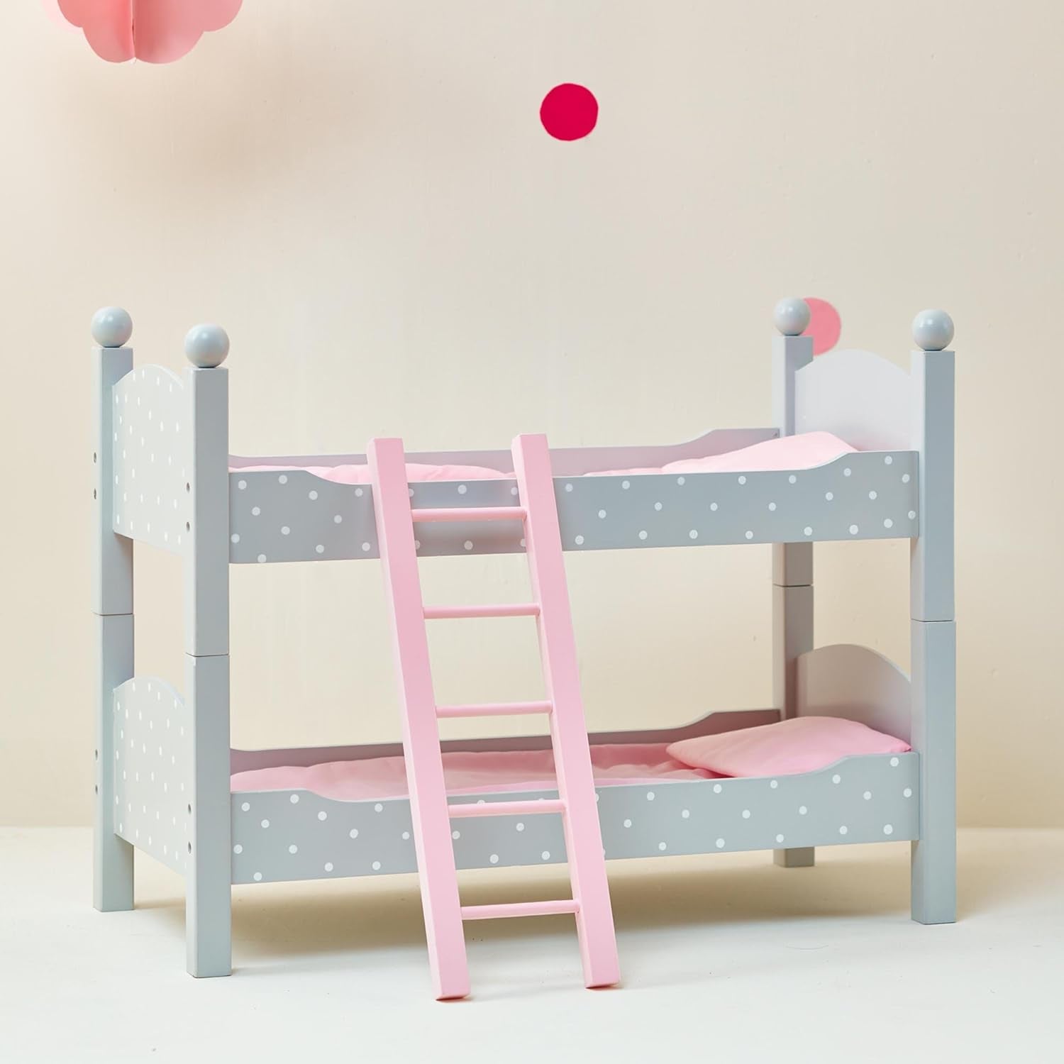 Olivia'S Little World 18 In. Doll Wooden Convertible Bunk Bed Stacked on Top or Unstacked as Two Single Beds, Gray with White Polka Dots and Pink Accents