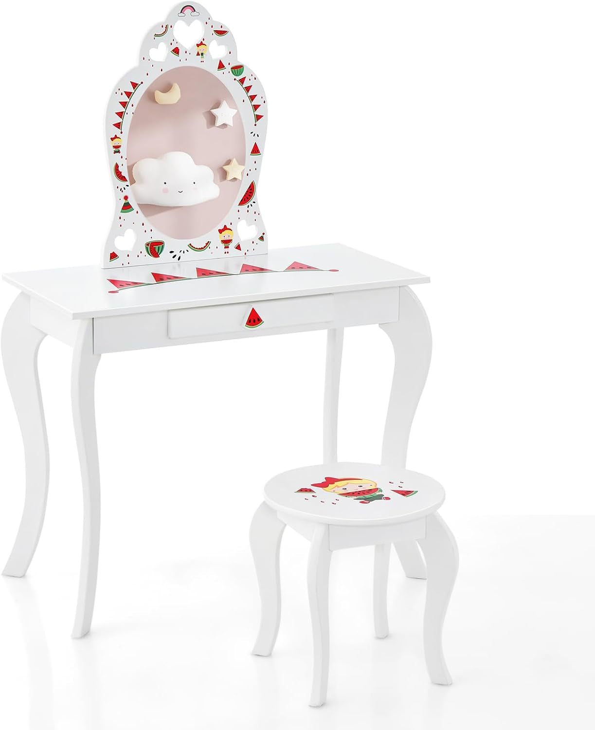 Costzon Kids Vanity Set with Mirror, 2 in 1 Wooden Princess Makeup Vanity Dressing Table, Toddler Vanity Set with Drawer & Stool, Pretend Play Vanity Set for Little Girls (Fruit Pattern)