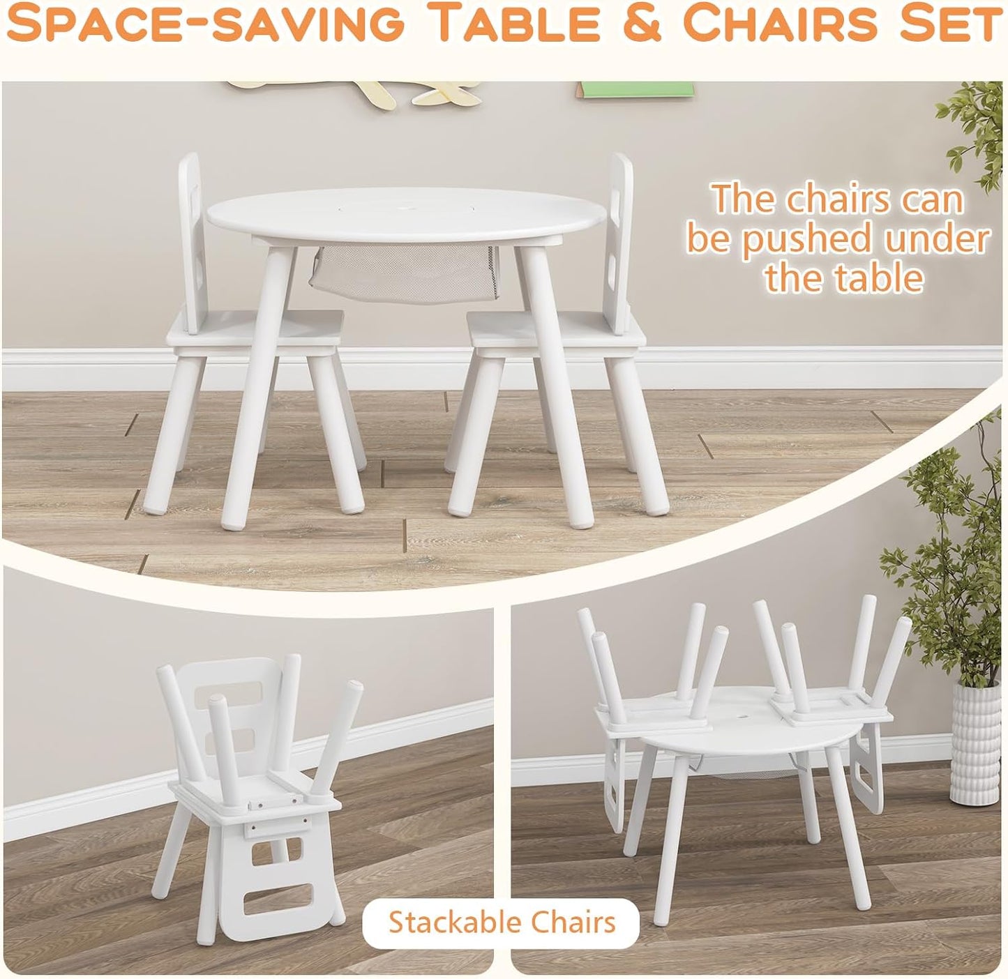 Costzon Kids Table and Chair Set, White Wooden Activity Table with Storage and 2 Chairs for Arts Crafts Snack Time