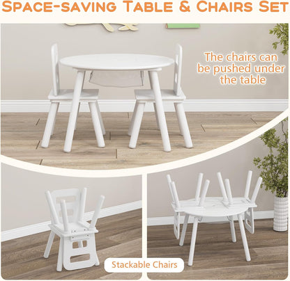 Costzon Kids Table and Chair Set, White Wooden Activity Table with Storage and 2 Chairs for Arts Crafts Snack Time