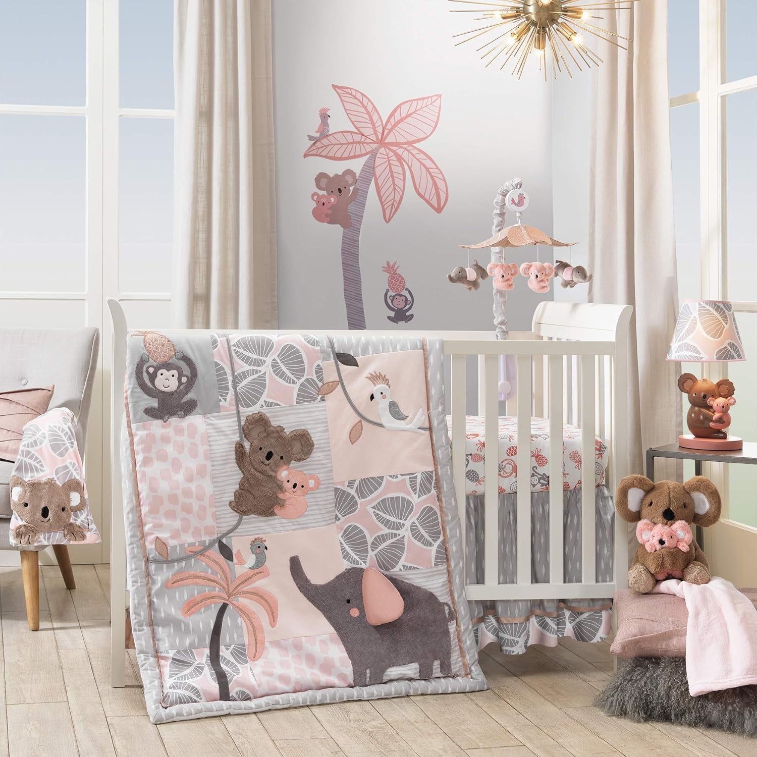 Lambs & Ivy Calypso Pink/Gray Koala & Elephant Musical Baby Crib Mobile