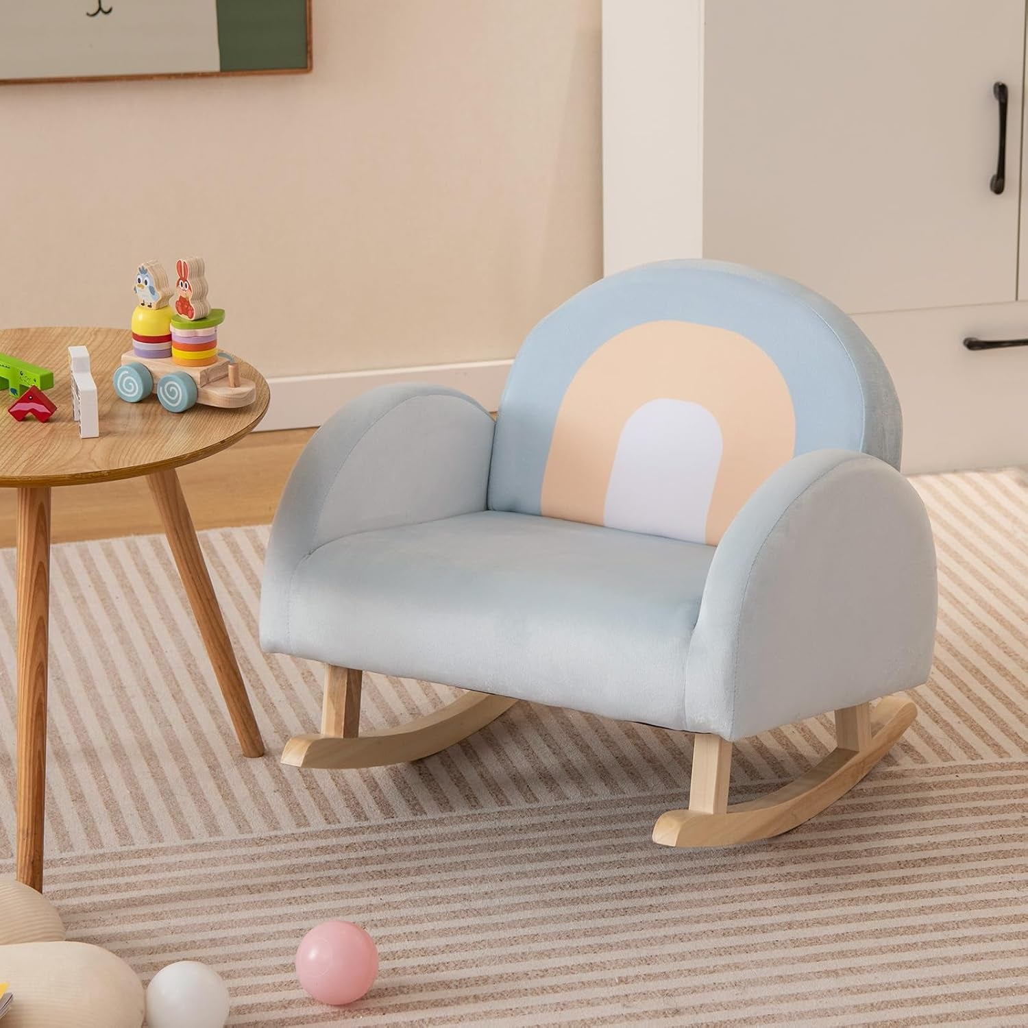 Costzon Kids Sofa, Rocking Chair with Solid Wood Frames, Velvet Fabric, Anti-Tipping Design for Kids Room, Nursery, Preschool, Birthday Gift for Boys Girls, Toddler Furniture Armchair (Light Blue)