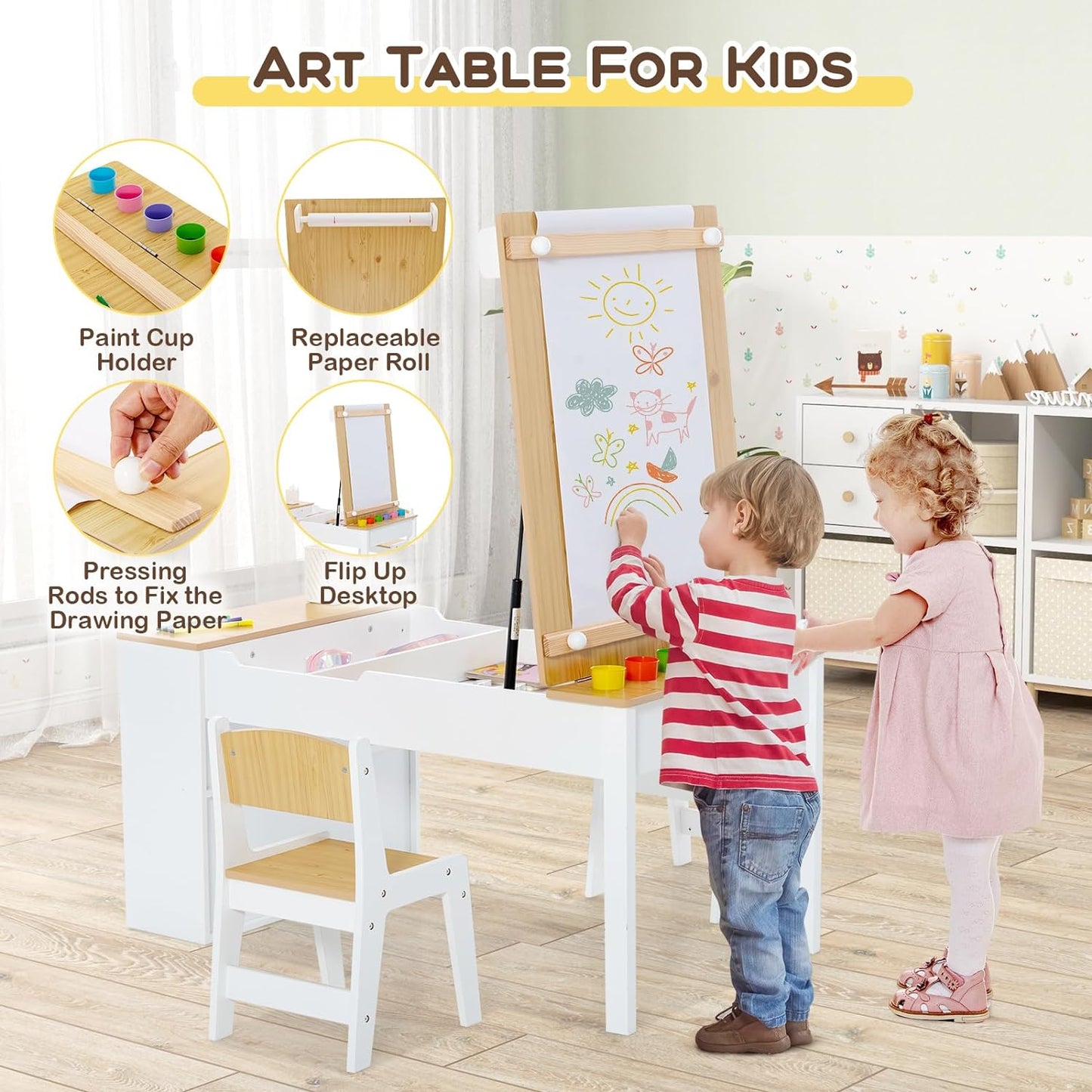 Costzon 3 in 1 Kids Table and Chair Set, Wood Art Table & Easel Set W/ 2 Chairs, 6 Storage Bins, Paper Roller, Paint Cups for Draw, Write, Play, Arts & Crafts, Toddler Table and Chair Set (Gray)