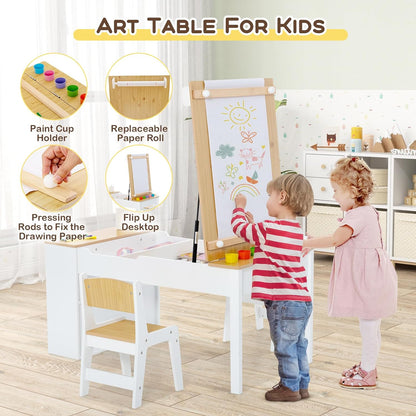 Costzon 3 in 1 Kids Table and Chair Set, Wood Art Table & Easel Set W/ 2 Chairs, 6 Storage Bins, Paper Roller, Paint Cups for Draw, Write, Play, Arts & Crafts, Toddler Table and Chair Set (Gray)