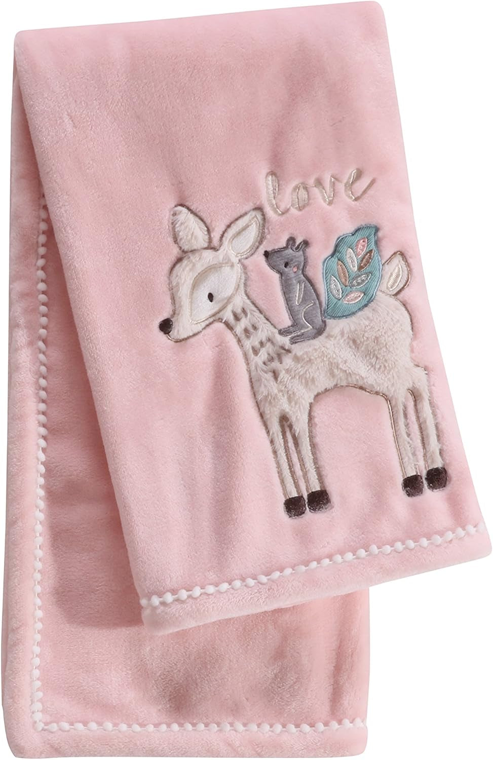 Levtex Baby - Everly Plush Blanket - Appliqued and Embroidered Deer and Squirrel on Pink Plush - Love - Nursery Accessories - Blanket Size: 30 X 40 In.