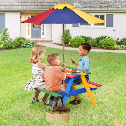 Costzon Kids Picnic Table, Wooden Childrens Table & Bench Set with Removable Umbrella, Kids Patio Furniture for Backyard, Garden, Kids Table and Chair Set for Outdoors