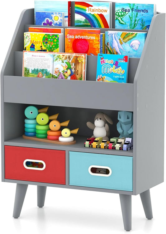 Costzon Kids Bookshelf, 5-Tier Wooden Children’S Book Rack with 2 Cube Bins for Books and Toys, Montessori Bookshelf for Toddlers, Kids Bookcase for Playroom, Nursery, Classroom (Grey)